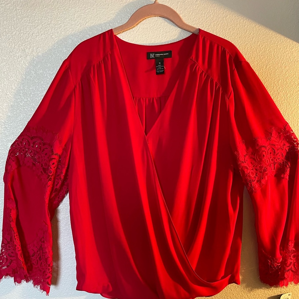 INC Red Lace Sleeve Wrap Blouse